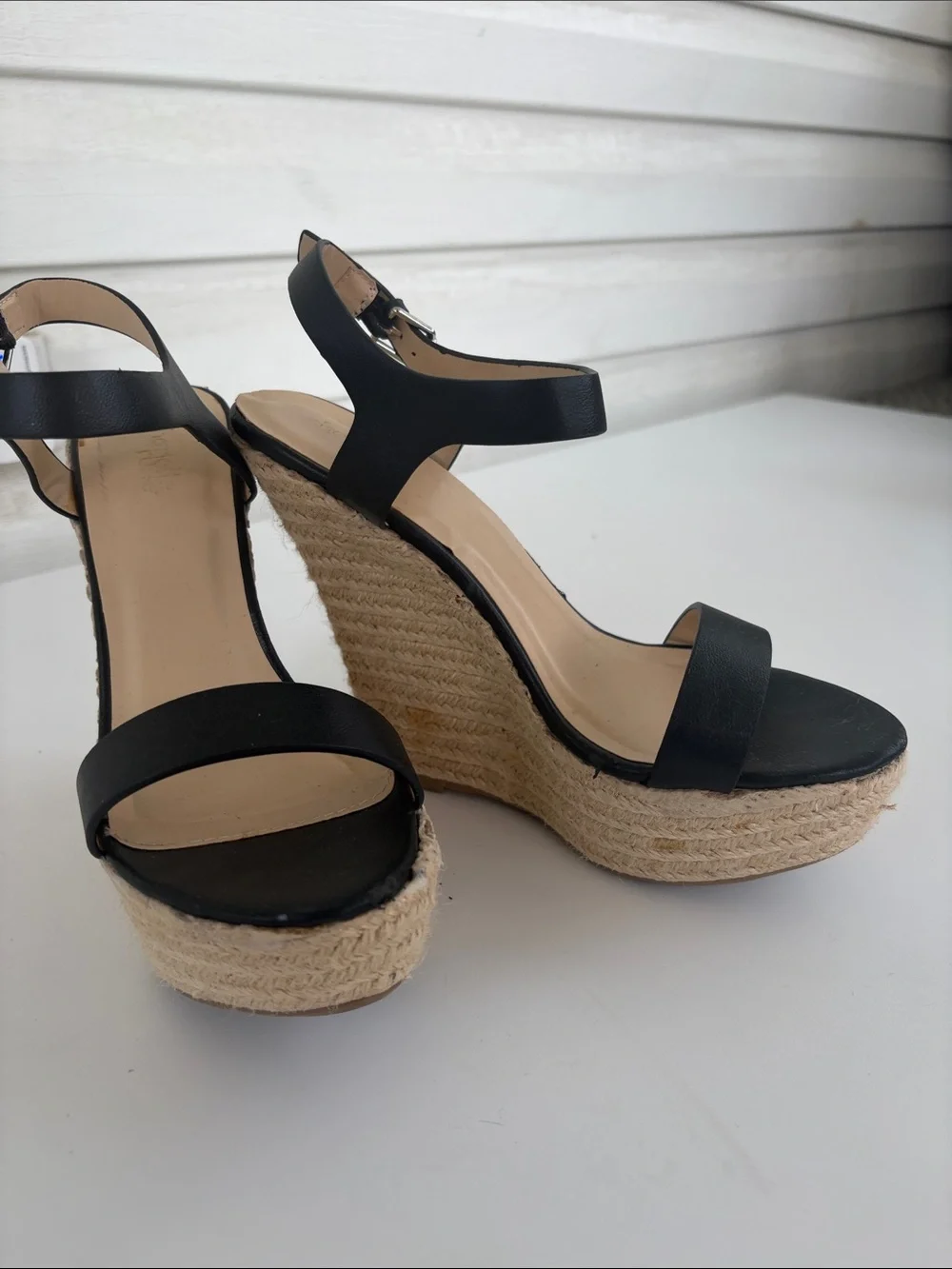 Charlotte Russe Black Espadrille Wedge Sandals Size 8 Ankle Strap Platform